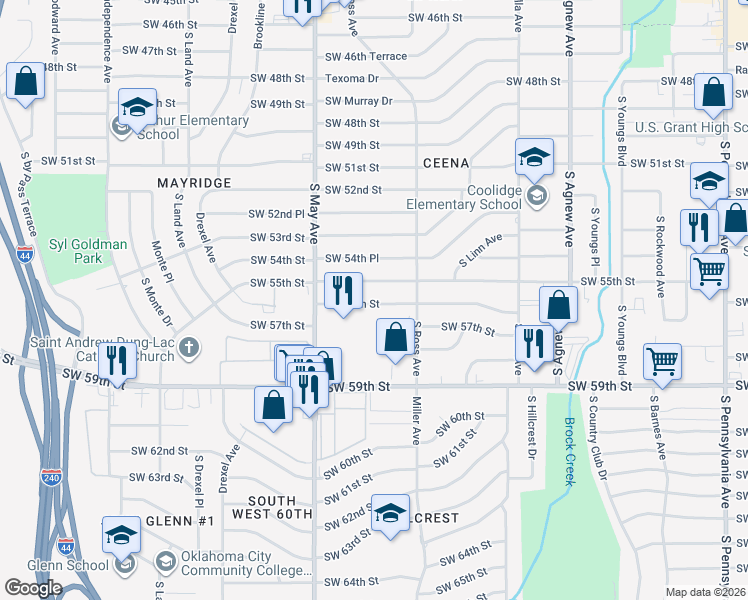 map of restaurants, bars, coffee shops, grocery stores, and more near 2732 Southwest 56th Street in Oklahoma City
