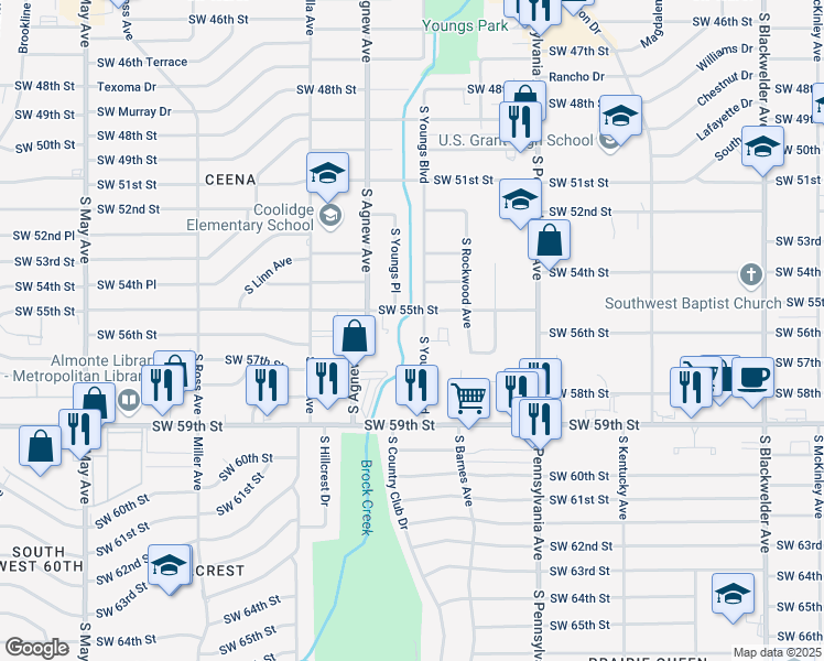 map of restaurants, bars, coffee shops, grocery stores, and more near 5629 South Youngs Boulevard in Oklahoma City