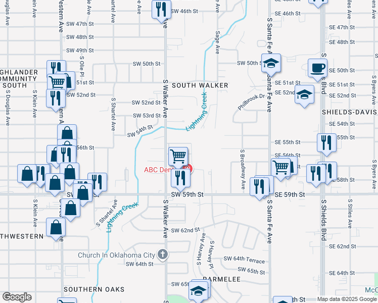 map of restaurants, bars, coffee shops, grocery stores, and more near 165 Southwest 55th Street in Oklahoma City