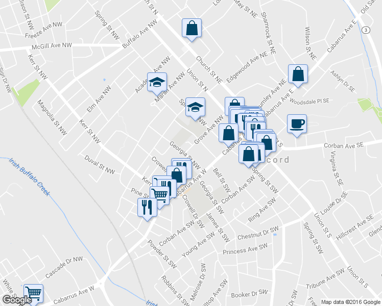 map of restaurants, bars, coffee shops, grocery stores, and more near 113 Grove Avenue Northwest in Concord