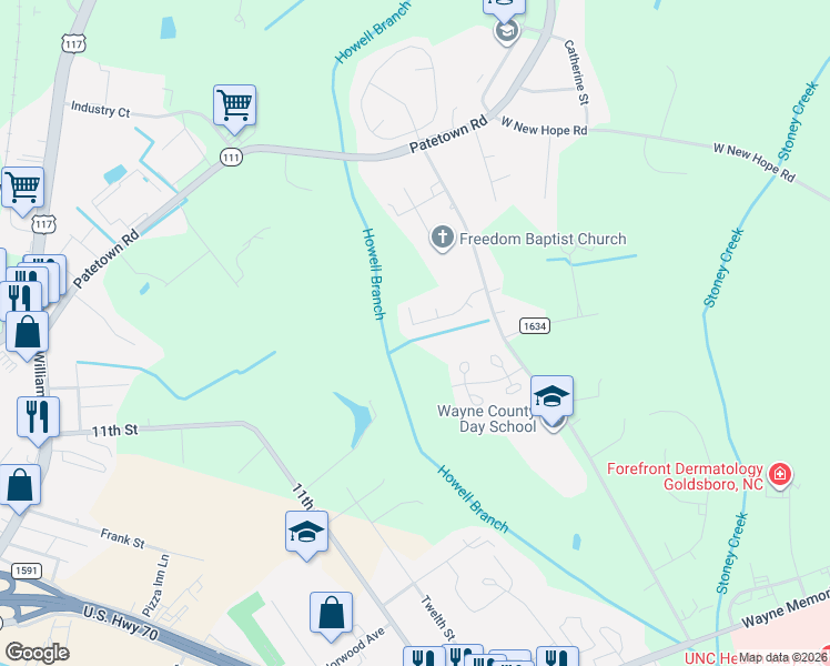 map of restaurants, bars, coffee shops, grocery stores, and more near 210 Commonsgate Drive in Goldsboro