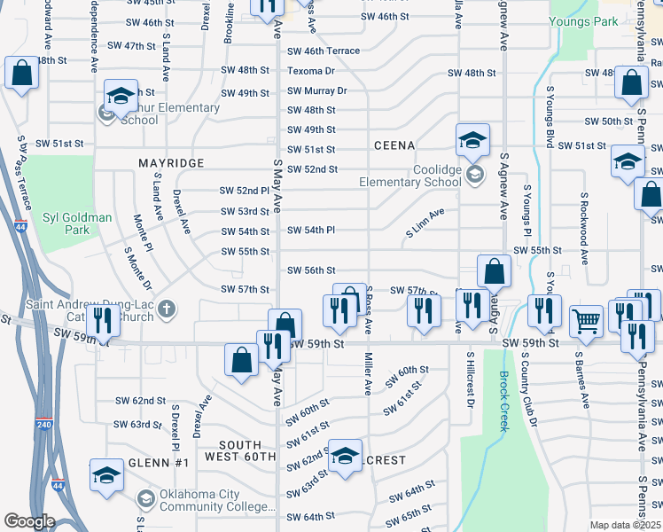 map of restaurants, bars, coffee shops, grocery stores, and more near 2732 Southwest 56th Street in Oklahoma City