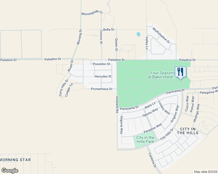 map of restaurants, bars, coffee shops, grocery stores, and more near 9604 Prometheus Drive in Bakersfield