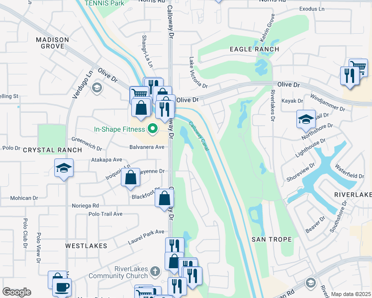 map of restaurants, bars, coffee shops, grocery stores, and more near 5414 Pelican Hill Drive in Bakersfield