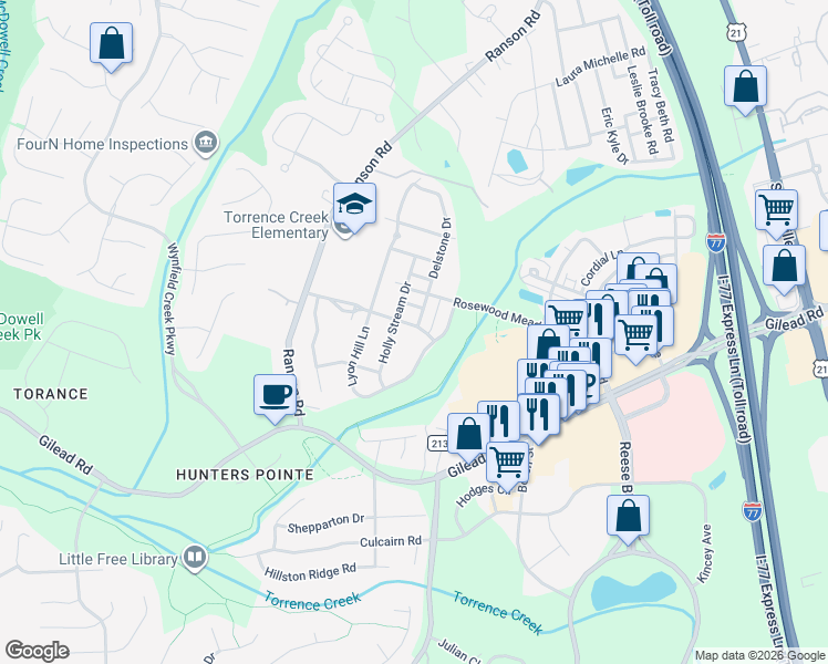 map of restaurants, bars, coffee shops, grocery stores, and more near 13812 Holly Stream Drive in Huntersville
