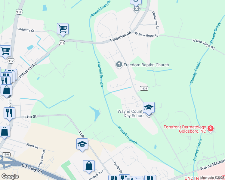map of restaurants, bars, coffee shops, grocery stores, and more near 210 Commonsgate Drive in Goldsboro