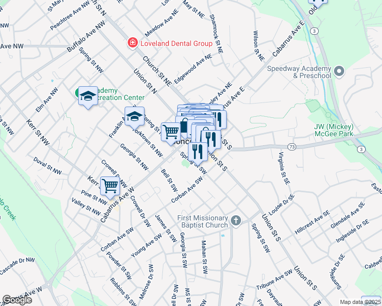 map of restaurants, bars, coffee shops, grocery stores, and more near 30 Market Street Southwest in Concord