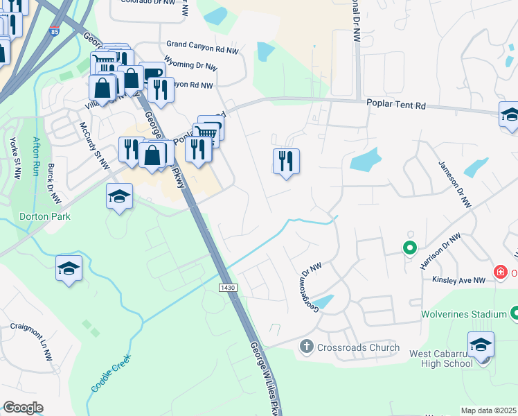map of restaurants, bars, coffee shops, grocery stores, and more near 353 Cobblestone Lane Northwest in Concord