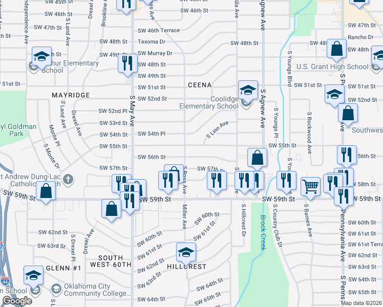 map of restaurants, bars, coffee shops, grocery stores, and more near 2616 Southwest 56th Street in Oklahoma City