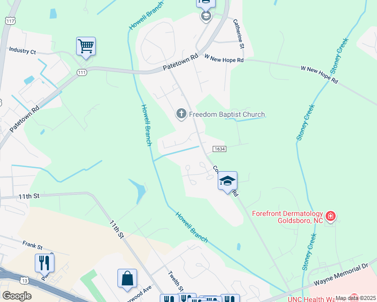 map of restaurants, bars, coffee shops, grocery stores, and more near 380 Country Day Road in Goldsboro
