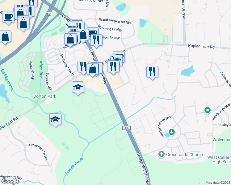 map of restaurants, bars, coffee shops, grocery stores, and more near 336 George W Liles Parkway in Concord