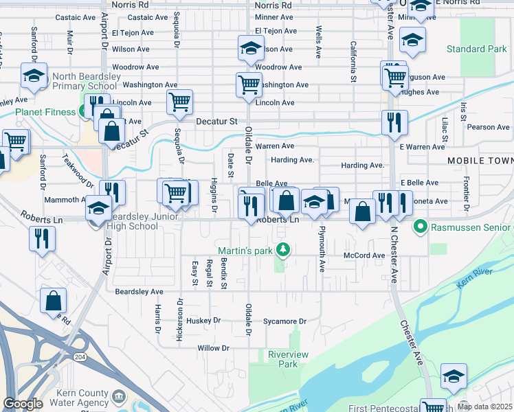 map of restaurants, bars, coffee shops, grocery stores, and more near 440 Roberts Lane in Bakersfield