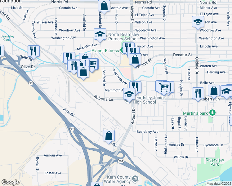map of restaurants, bars, coffee shops, grocery stores, and more near 1000 Roberts Lane in Bakersfield