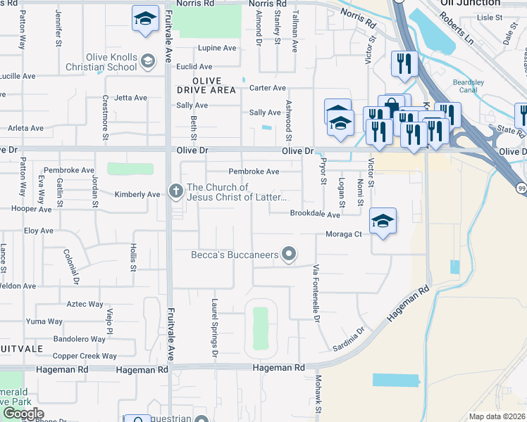 map of restaurants, bars, coffee shops, grocery stores, and more near 5605 Bayberry Avenue in Bakersfield