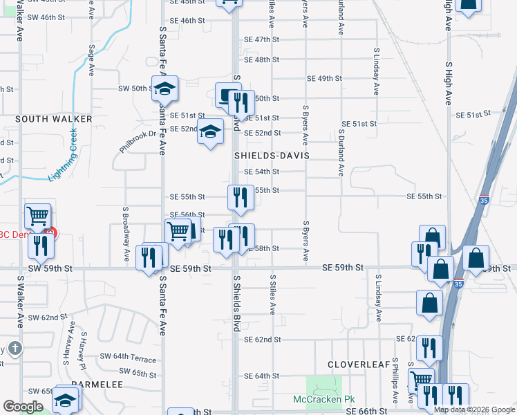 map of restaurants, bars, coffee shops, grocery stores, and more near 239 Southeast 57th Street in Oklahoma City