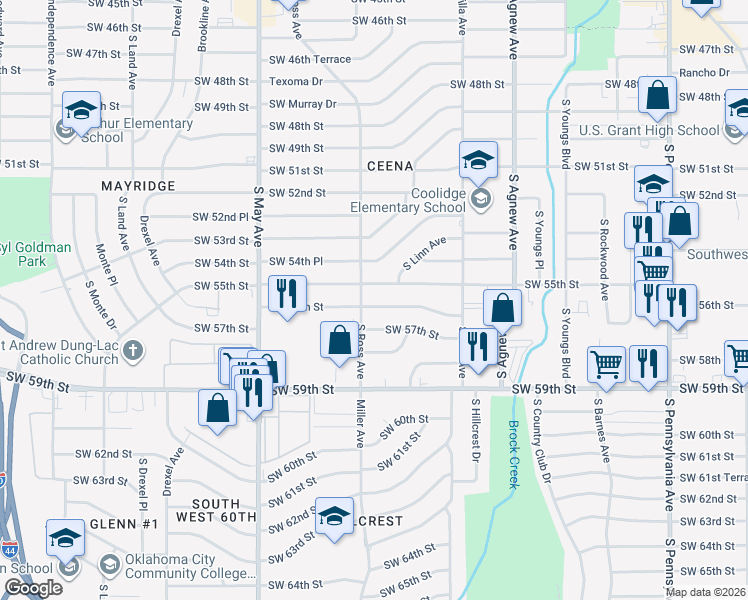 map of restaurants, bars, coffee shops, grocery stores, and more near 2616 Southwest 56th Street in Oklahoma City