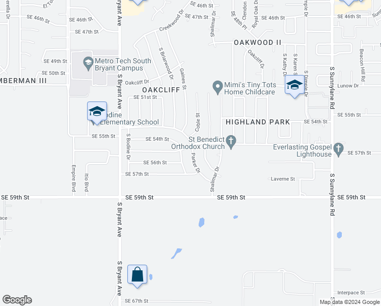 map of restaurants, bars, coffee shops, grocery stores, and more near 3408 Parker Drive in Oklahoma City