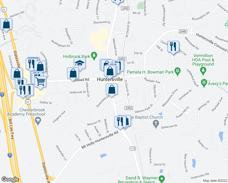 map of restaurants, bars, coffee shops, grocery stores, and more near 115 South Old Statesville Road in Huntersville