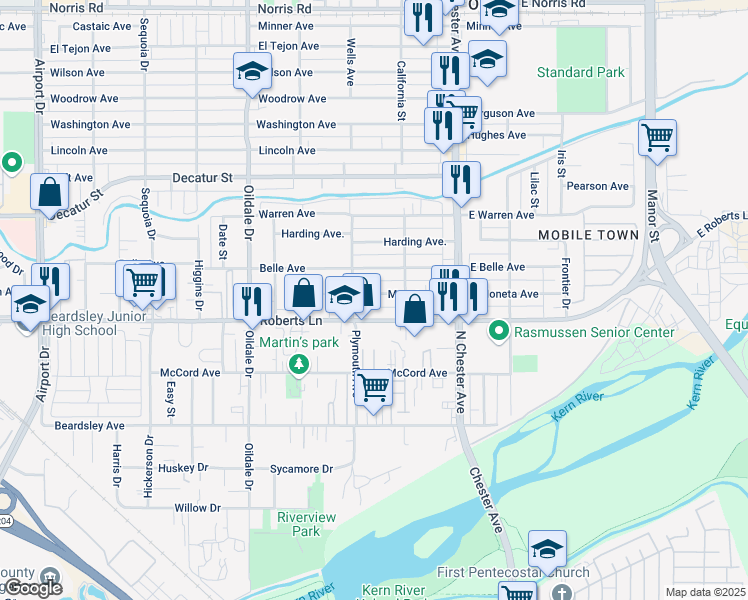 map of restaurants, bars, coffee shops, grocery stores, and more near 215 Moneta Avenue in Bakersfield