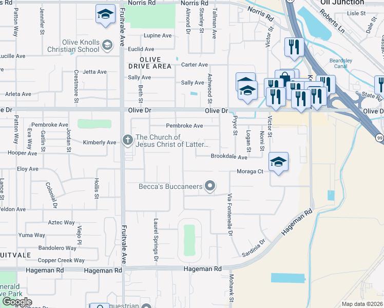 map of restaurants, bars, coffee shops, grocery stores, and more near 5605 Bayberry Avenue in Bakersfield