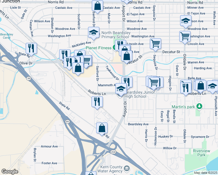 map of restaurants, bars, coffee shops, grocery stores, and more near 1000 Roberts Lane in Bakersfield
