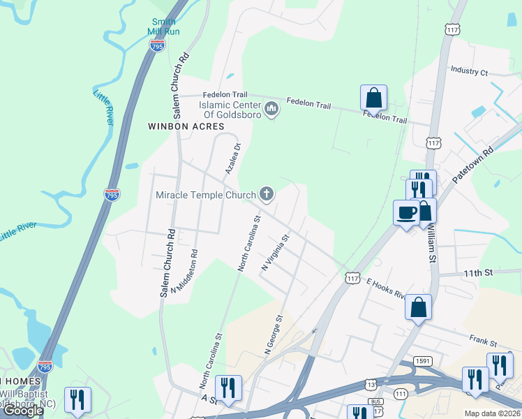 map of restaurants, bars, coffee shops, grocery stores, and more near 1898 North Carolina Street in Goldsboro
