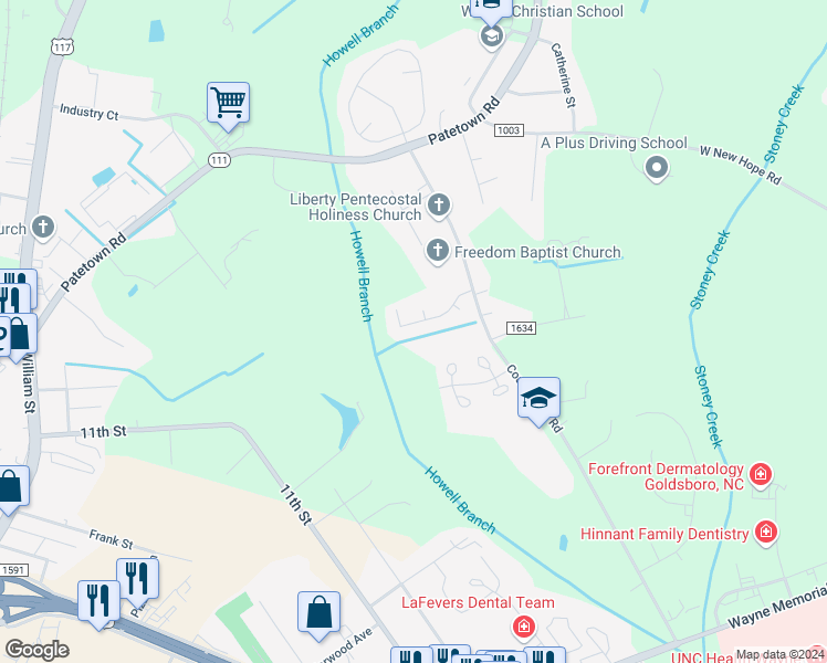 map of restaurants, bars, coffee shops, grocery stores, and more near 206 Commonsgate Drive in Goldsboro