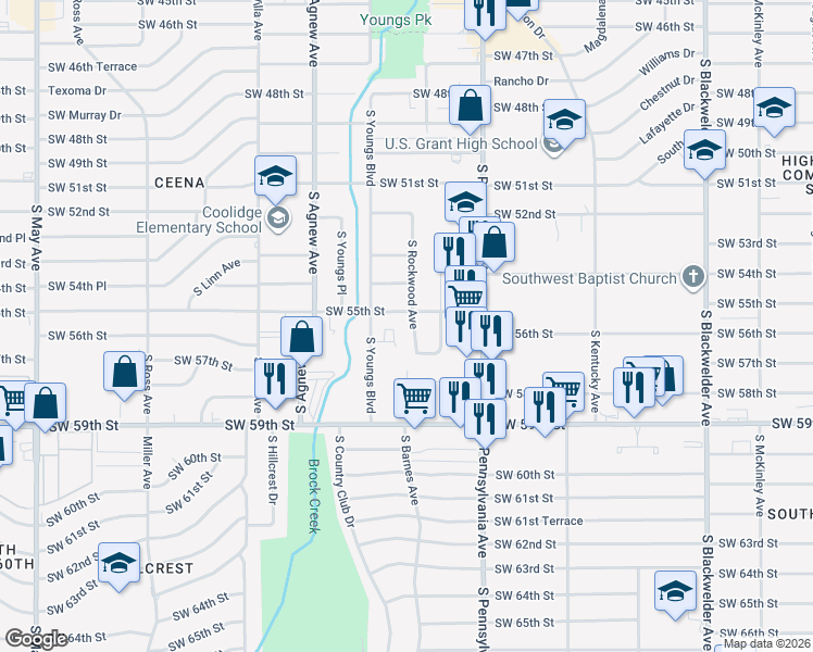 map of restaurants, bars, coffee shops, grocery stores, and more near 5617 South Rockwood Avenue in Oklahoma City
