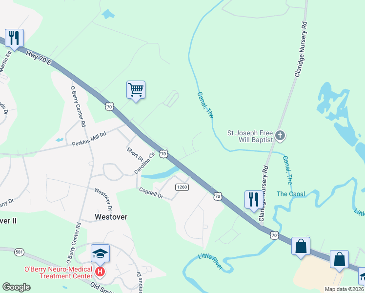 map of restaurants, bars, coffee shops, grocery stores, and more near 129 Foxcroft Drive in Goldsboro