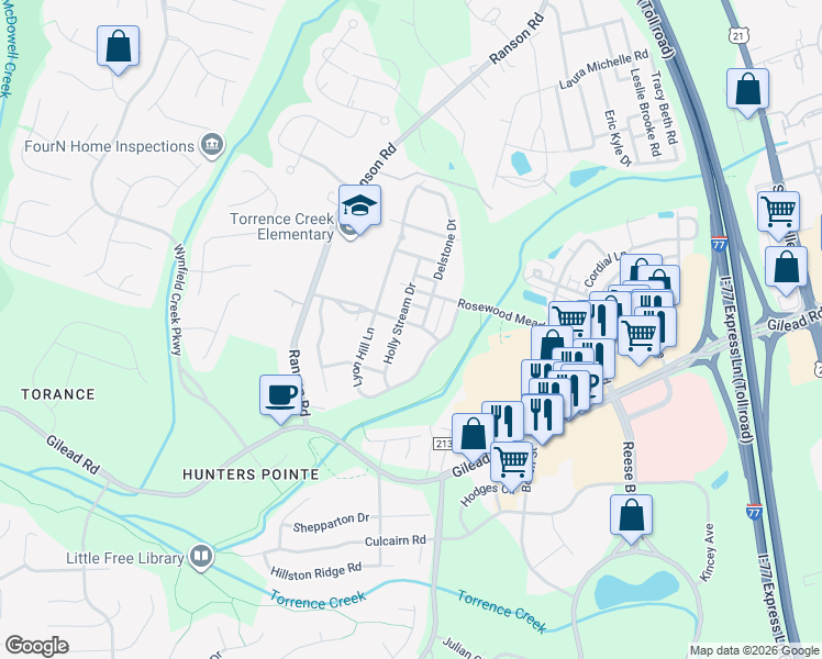 map of restaurants, bars, coffee shops, grocery stores, and more near 13812 Holly Stream Drive in Huntersville