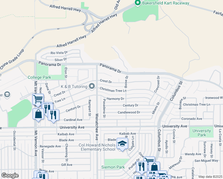 map of restaurants, bars, coffee shops, grocery stores, and more near 3319 Christmas Tree Lane in Bakersfield