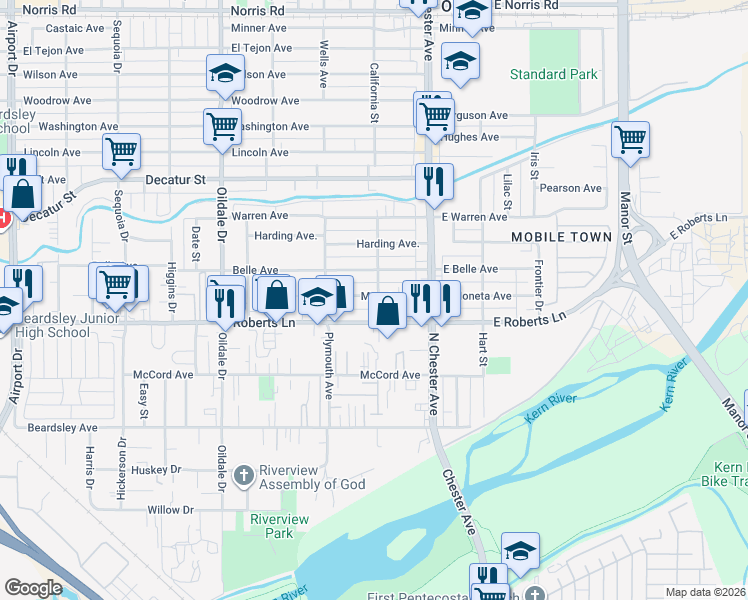 map of restaurants, bars, coffee shops, grocery stores, and more near 201 Moneta Avenue in Bakersfield