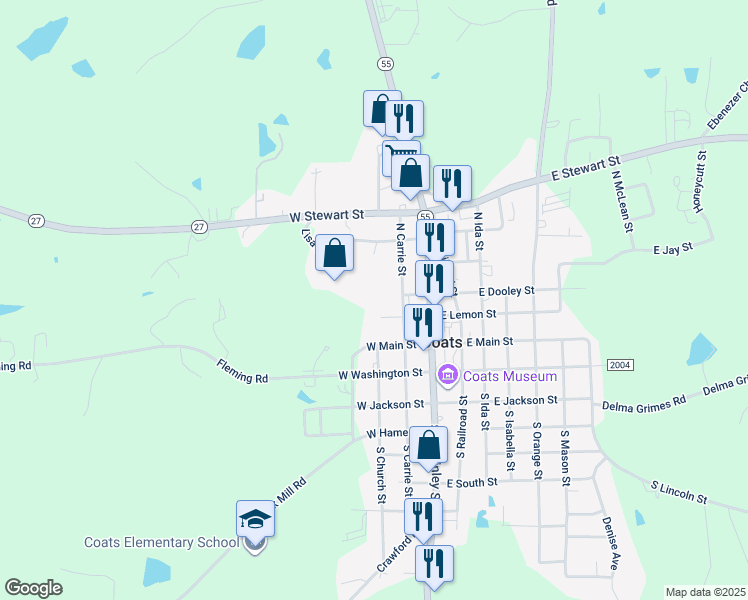 map of restaurants, bars, coffee shops, grocery stores, and more near 128 West Lemon Street in Coats