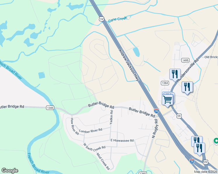 map of restaurants, bars, coffee shops, grocery stores, and more near 586 Butler Bridge Rd in Fletcher