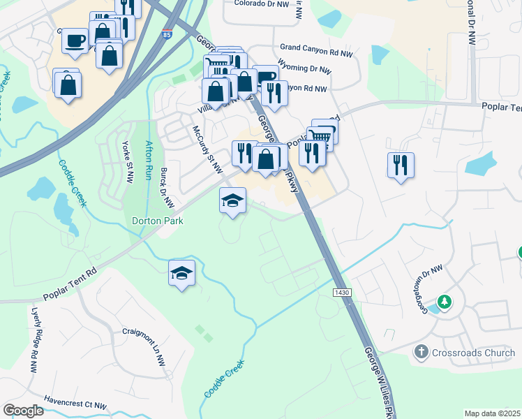 map of restaurants, bars, coffee shops, grocery stores, and more near Poplar Crossing Drive Northwest in Concord