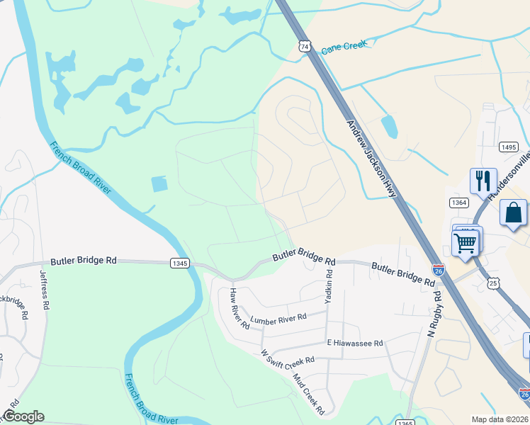 map of restaurants, bars, coffee shops, grocery stores, and more near 101 Tap Root Lane in Fletcher
