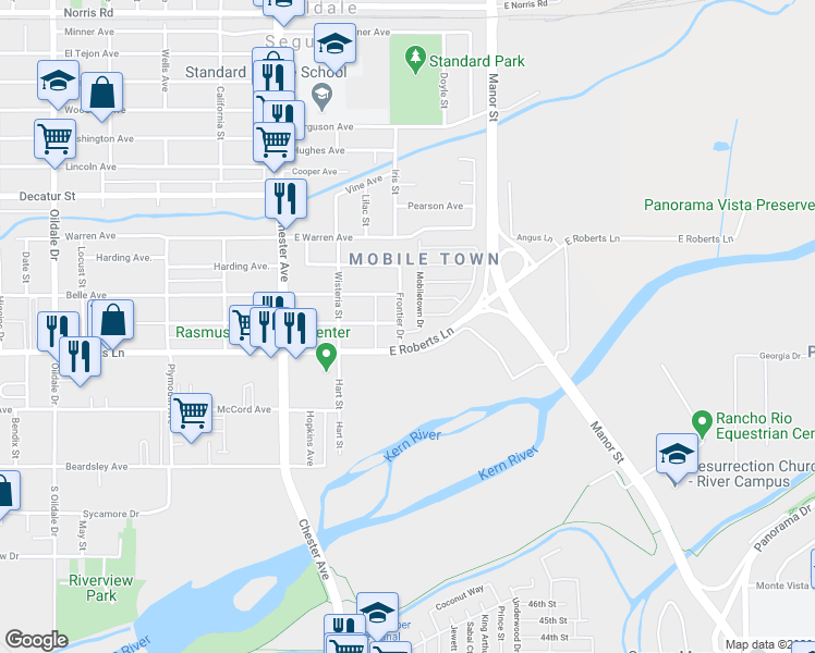 map of restaurants, bars, coffee shops, grocery stores, and more near 324 Frontier Drive in Bakersfield