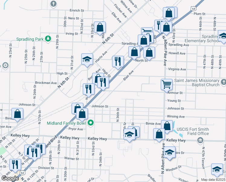 map of restaurants, bars, coffee shops, grocery stores, and more near 3905 North Armour Street in Fort Smith