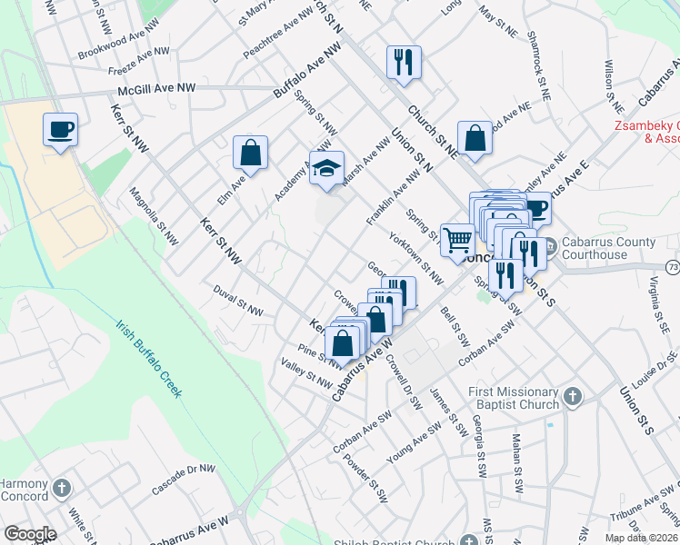 map of restaurants, bars, coffee shops, grocery stores, and more near 167 Franklin Avenue Northwest in Concord