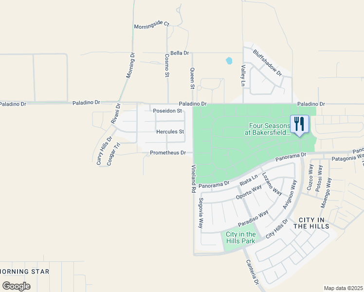 map of restaurants, bars, coffee shops, grocery stores, and more near 9604 Prometheus Drive in Bakersfield