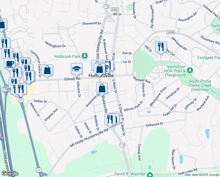 map of restaurants, bars, coffee shops, grocery stores, and more near 200 Main Street in Huntersville