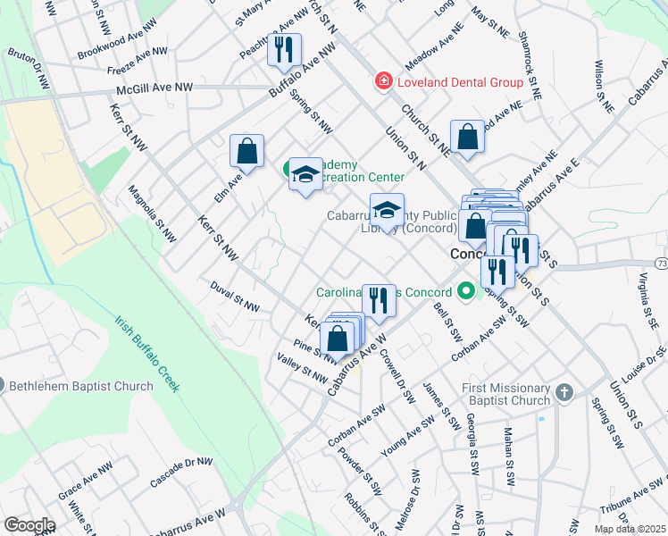 map of restaurants, bars, coffee shops, grocery stores, and more near 167 Franklin Avenue Northwest in Concord