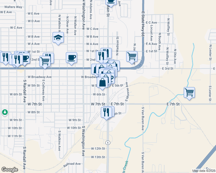 map of restaurants, bars, coffee shops, grocery stores, and more near 206 South Main Street in Elk City
