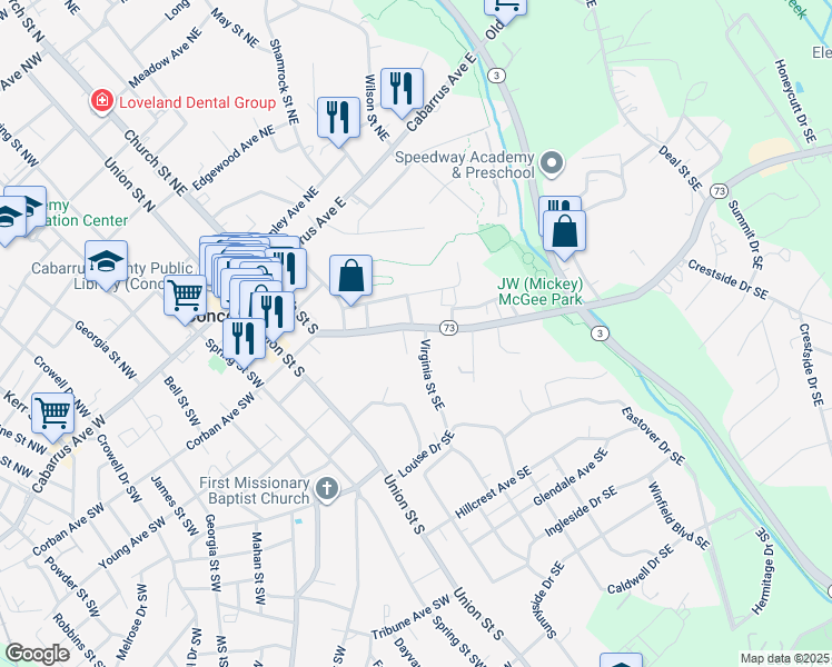 map of restaurants, bars, coffee shops, grocery stores, and more near 114 Corban Avenue Southeast in Concord