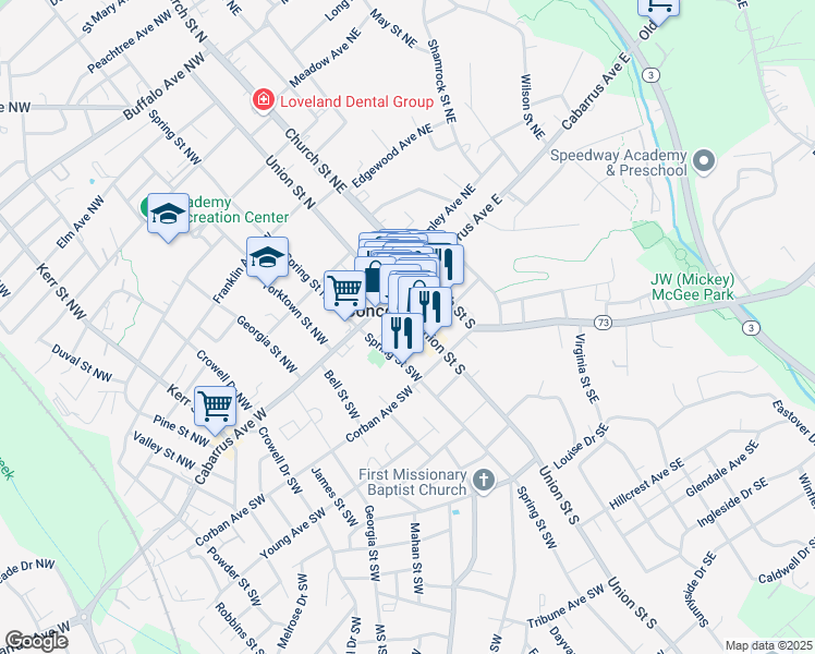 map of restaurants, bars, coffee shops, grocery stores, and more near 30 Market Street Southwest in Concord