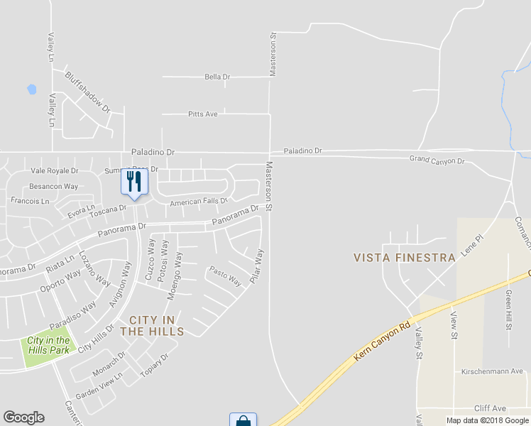 map of restaurants, bars, coffee shops, grocery stores, and more near 6110 Pilar Way in Bakersfield