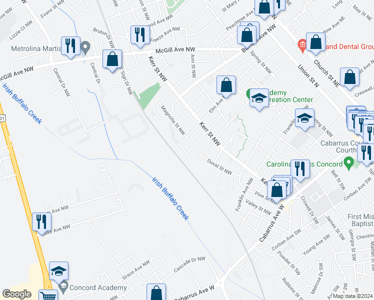 map of restaurants, bars, coffee shops, grocery stores, and more near 316 Odell Drive Northwest in Kannapolis