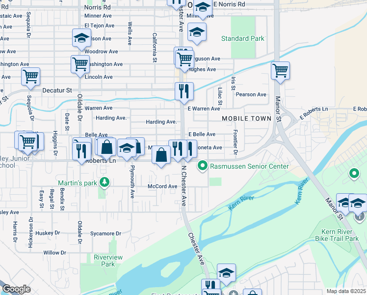 map of restaurants, bars, coffee shops, grocery stores, and more near 2 East Moneta Avenue in Bakersfield