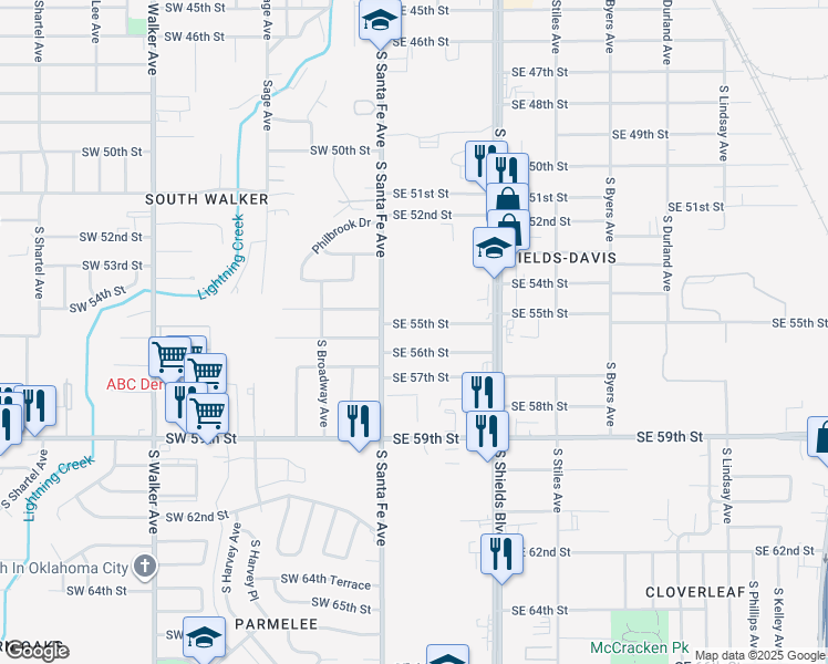 map of restaurants, bars, coffee shops, grocery stores, and more near 37 Southeast 56th Street in Oklahoma City