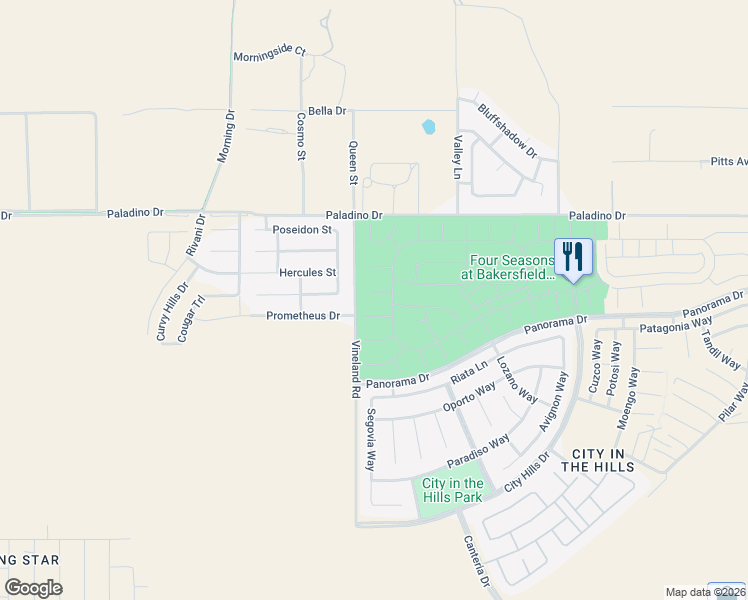 map of restaurants, bars, coffee shops, grocery stores, and more near 9703 Petersburg Place in Bakersfield